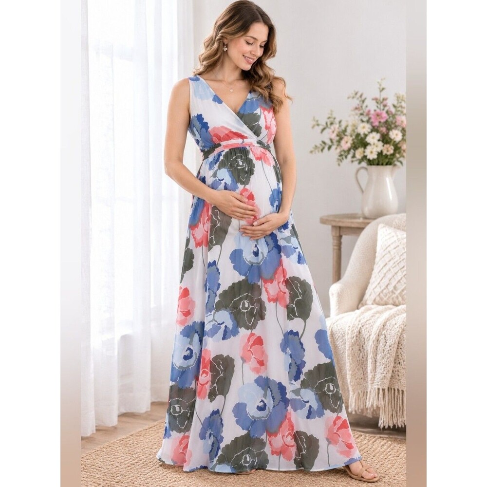 EUC Motherhood Maternity Maxi Dress Floral Empire waist Sleeveless Lined Zip, M